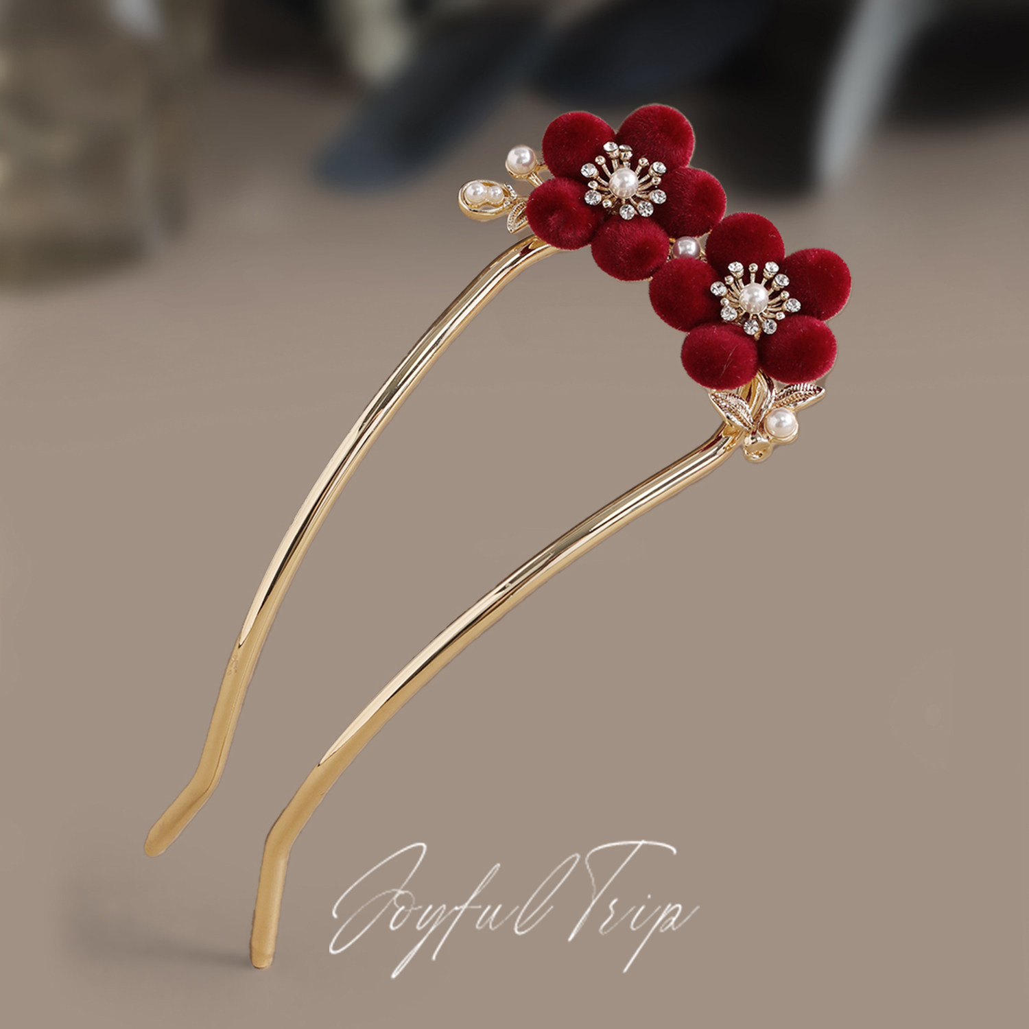 新中式红色花朵U型发簪
