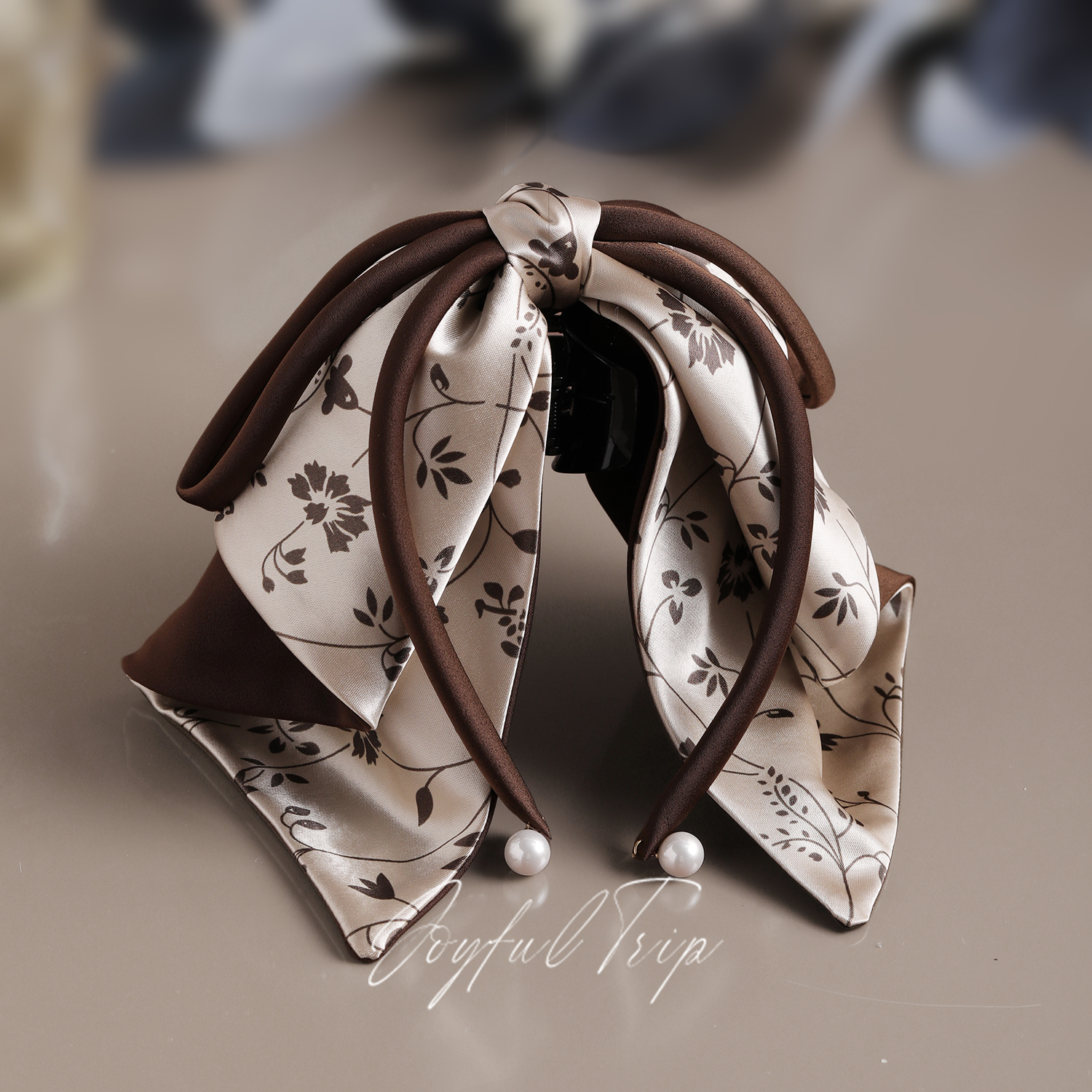 秋叶织梦-咖色碎花缎面蝴蝶结抓夹新中式气质马尾夹精致百搭发饰