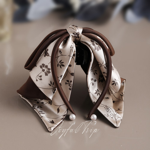 秋叶织梦咖色碎花缎面蝴蝶结抓夹