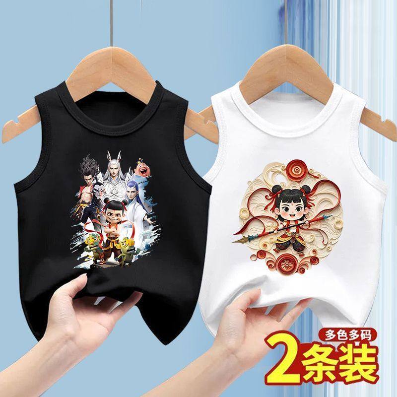 爆款哪吒图案背心男儿童2025夏季新款女童纯棉T恤无袖t恤打底衫