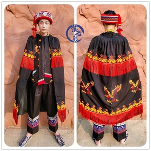 新款彝族男士披h风黑色擦尔瓦好面料三只老鹰披风红色须须外披斗