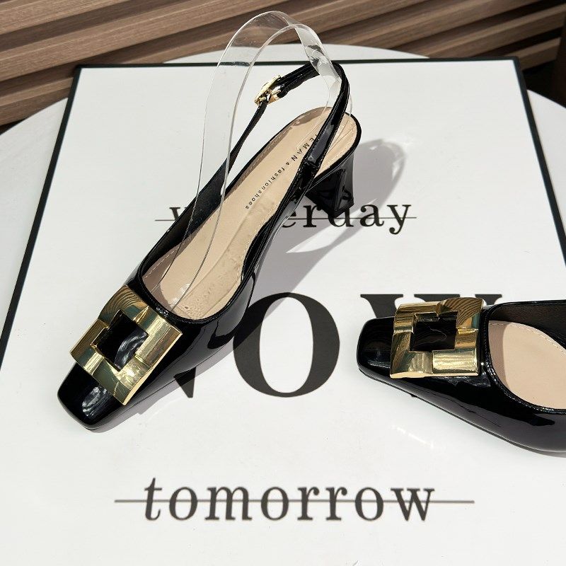 气质方扣包c头粗跟凉鞋女夏季2025年新款黑色一字带职业高跟鞋方,女鞋,时装凉鞋,淘宝优惠券,粉丝福利购,淘宝优惠卷