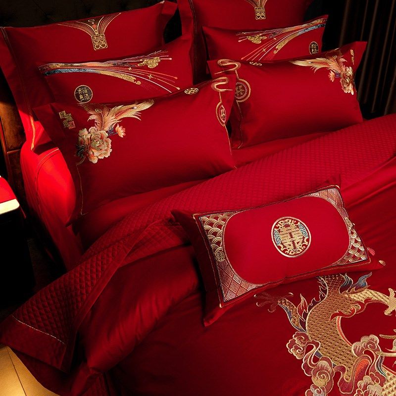 婚嫁结婚四件套新中式龙凤刺绣全棉I大红色喜被新婚庆床上用品,床上用品,婚庆床品套件,淘宝优惠券,粉丝福利购,淘宝优惠卷