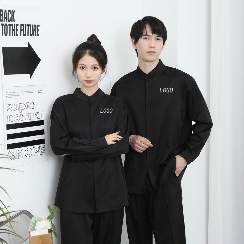 定制长袖衬衫印logop图案大码衬衣宽松西餐厅咖啡馆奶茶工作服班