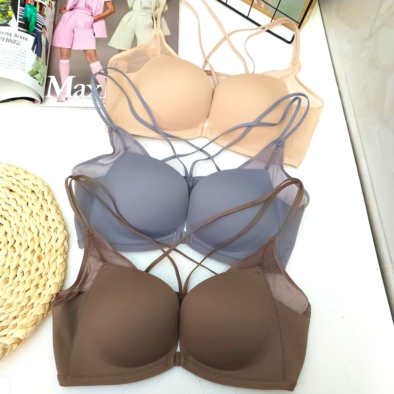 杯型好前扣光面小胸聚拢收副乳文胸美H背交叉带内衣女无钢圈胸罩