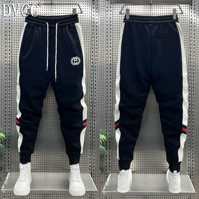 高端秋冬抽绳休闲裤男士条纹拼接小脚卫裤显瘦束脚加绒运动裤男款