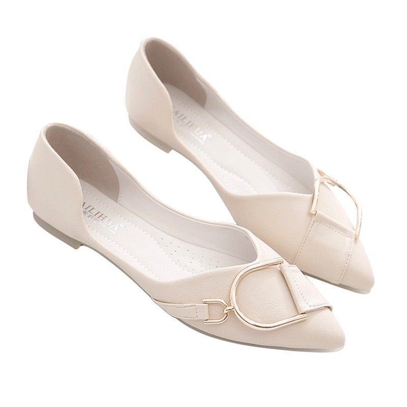 单鞋女春秋2021新款韩版浅口尖头金属扣豆豆鞋R女软底平底鞋百搭,女鞋,浅口单鞋,淘宝优惠券,粉丝福利购,淘宝优惠卷