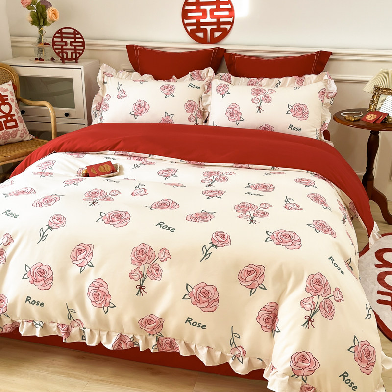 简约印花长绒棉婚庆四件套红色被套全棉结婚床.上用品婚嫁,床上用品,婚庆床品套件,淘宝优惠券,粉丝福利购,淘宝优惠卷