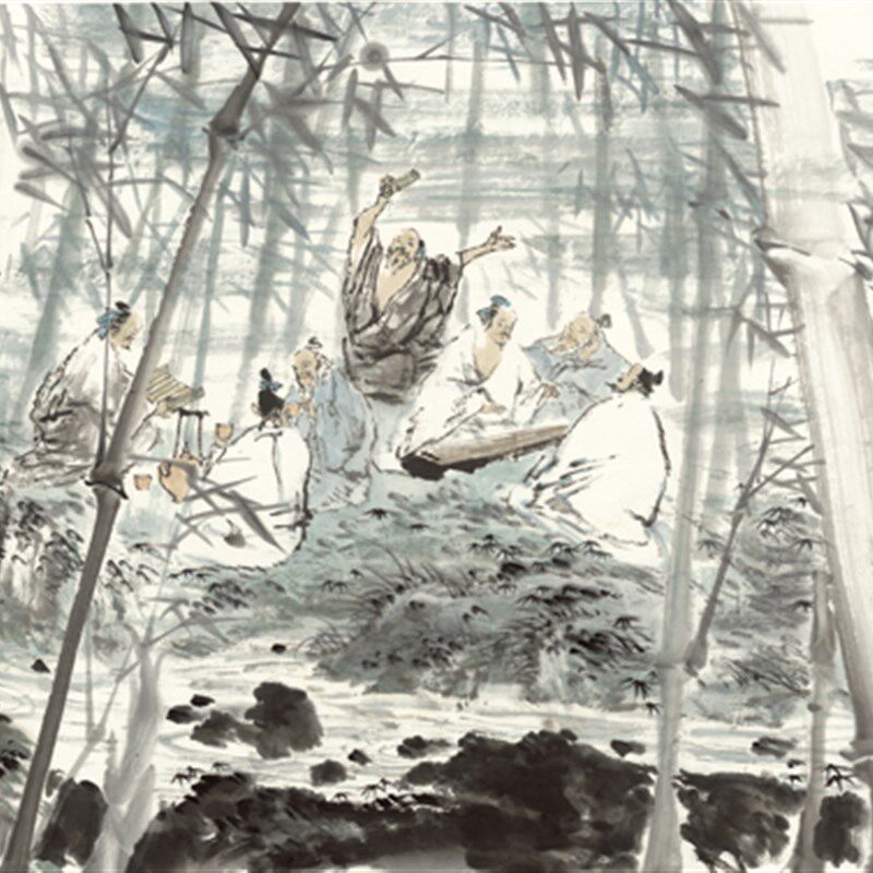 国画人物画竹林七贤吴永良竹林七贤图小写意字画办公室装饰画挂画