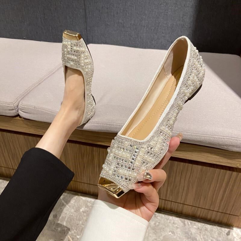 平底满钻单鞋女2024新款春秋温柔D鞋子方头珍珠水钻浅口软底豆豆,女鞋,浅口单鞋,淘宝优惠券,粉丝福利购,淘宝优惠卷