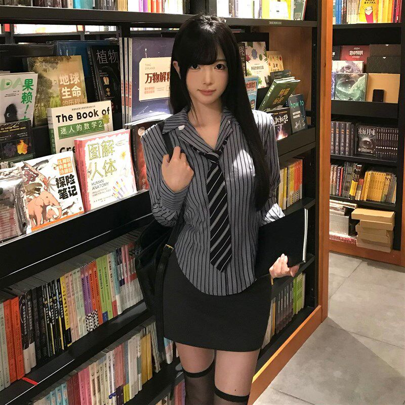 火星jk暮川女子蓝灰色条纹收y腰长袖衬衫韩系学院风设计感衬衣秋