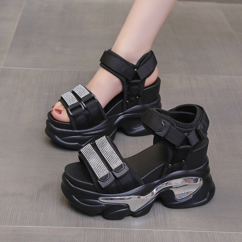 11cm内增高20l25夏季新款厚底水钻魔术贴女百搭高跟休闲运动凉鞋,女鞋,休闲凉鞋,淘宝优惠券,粉丝福利购,淘宝优惠卷