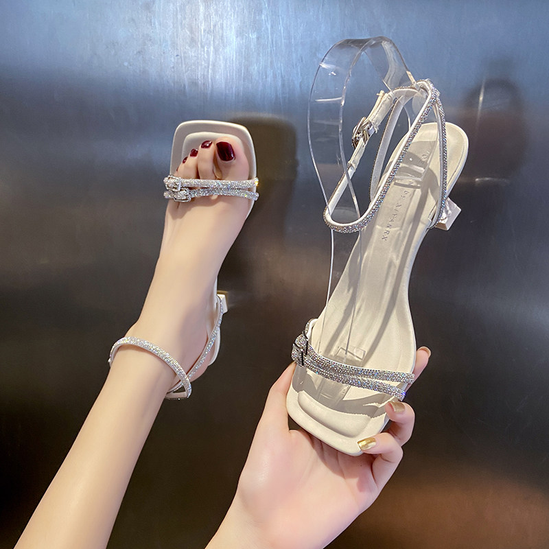2023年夏季新j款水钻细跟时装凉鞋仙女风方头气质一字扣高跟鞋5CM,女鞋,一字带凉鞋,淘宝优惠券,粉丝福利购,淘宝优惠卷
