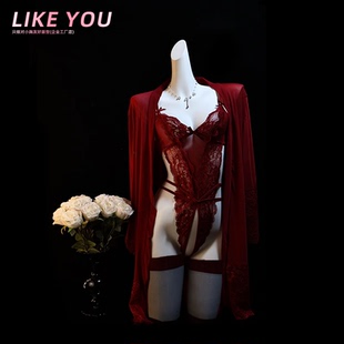 Like You小胸性感睡衣复古红色纯欲风吊带蕾丝塑身连体衣qqny情侣