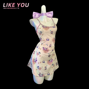 LikeYou梦中情猫rdquo性感吊带睡裙女纯欲风辣妹印花连衣裙qqny女