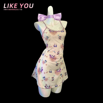 LikeYou梦中情猫rdquo性感吊带睡裙女纯欲风辣妹印花连衣裙qqny女