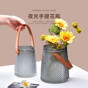 饰花瓶 玻璃手提夜光花瓶简约家用客厅餐桌摆件插花水养装