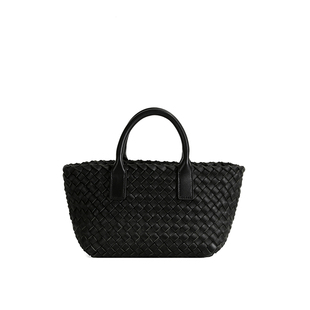 6001大号黑色 羊皮手工编织菜篮子托特包 亚楠