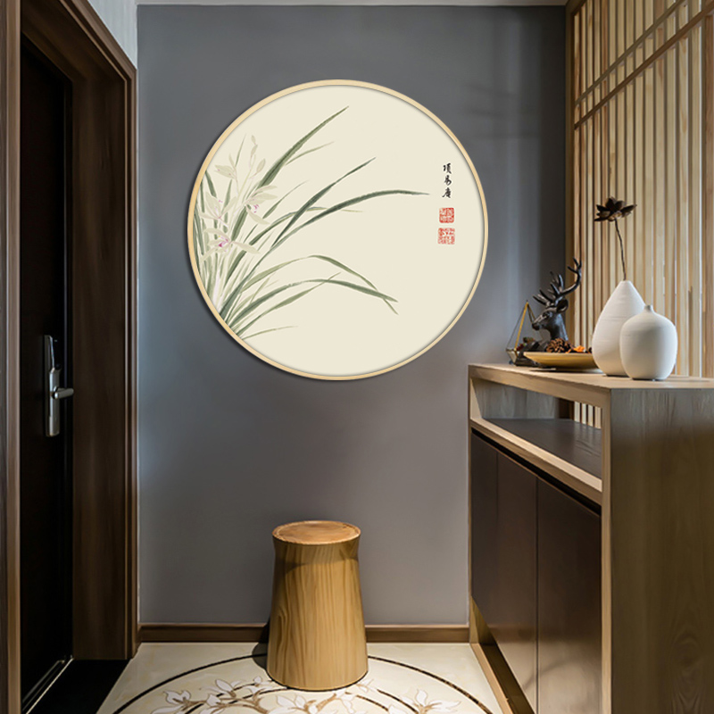 圆形装饰画中国风工笔花卉挂画玄关壁画茶室书房新中式古风背景墙图片