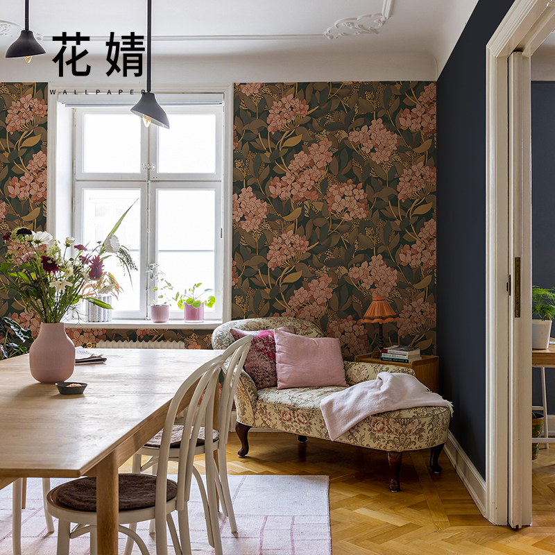 美式轻奢墙布复古绣球花客厅沙发墙纸壁布无缝餐厅卧室背景墙壁纸