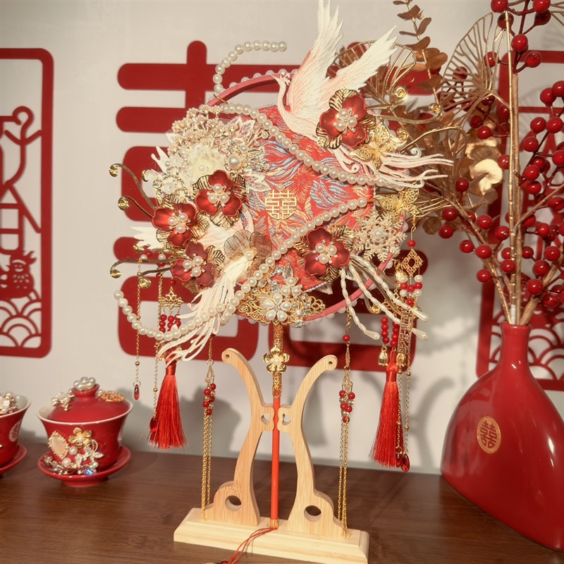 新娘结婚团扇双面diy材料包红色喜扇遮面扇秀禾中式婚礼扇子成品