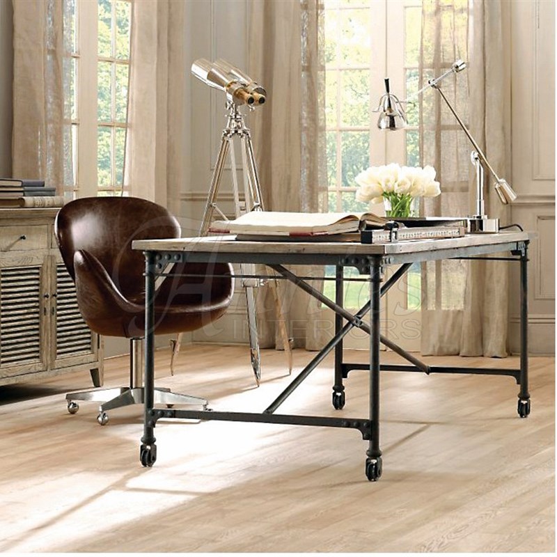 美式实木家具创意简约loft铁艺风格工作台移动田园台式办公桌