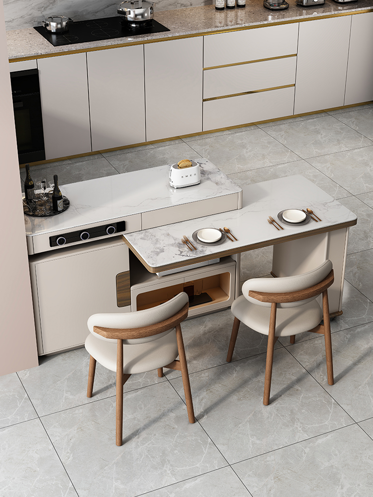 岩板岛台餐桌一体靠墙吧台小户型开放式厨房可伸缩餐台高级感倒台