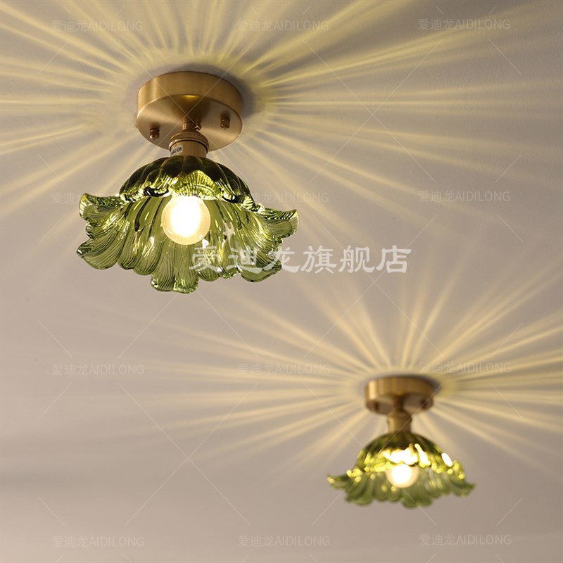 复古美式玻璃吸顶灯北欧餐厅灯具玄关阳台吧台过道黄铜玻璃灯008