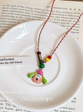 夏天多巴胺彩色小狗串珠编绳项链女2025新款可爱卫衣链长款配饰