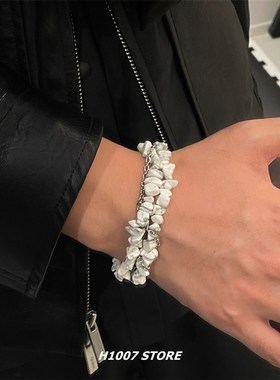 新中式复古双层白色石头嘻哈男手链女小众设计高级感手串2025新款