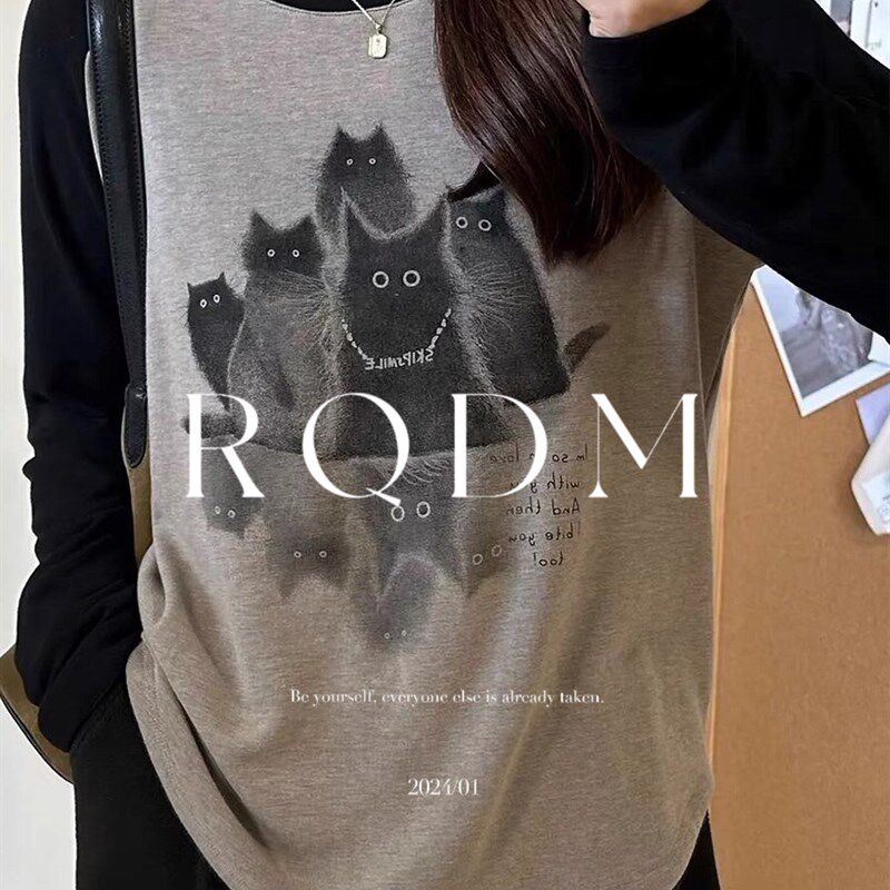 大码女装卡通印花拼色圆领长袖T恤女春秋胖MM显瘦百搭打底衫上衣