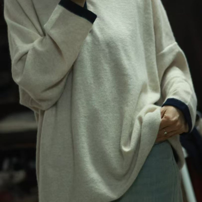 【LU】  连帽衫    100%纯山羊绒连帽卫衣撞色套头上衣/休闲/百搭