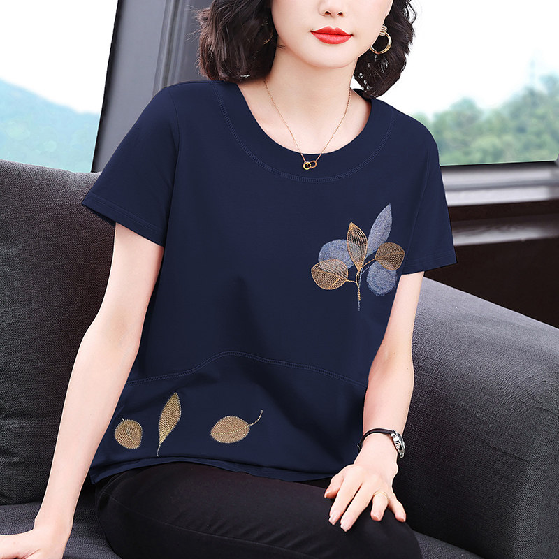 中老年纯棉短袖T恤女2025新款夏季妈妈刺绣宽松百搭半袖减龄上衣