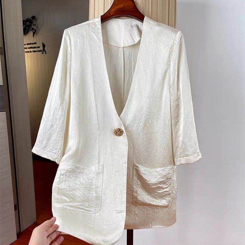 高级感白色缎面西装外套女夏2025新款宽松气质薄款休闲 洋派