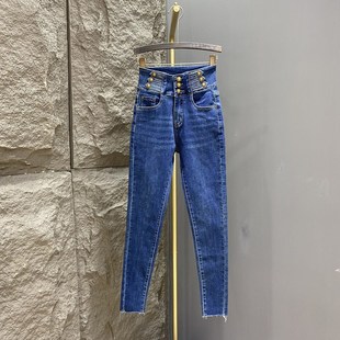 长裤 三排扣设计高腰收腹小脚牛仔裤 紧身弹力显瘦铅笔裤 新款 女秋季