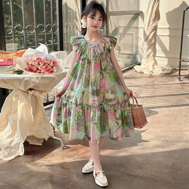 女童连衣裙2025新款夏装女孩大童洋气泡泡袖碎花公主裙儿童裙子夏