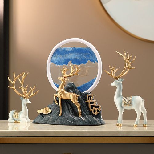 招财鹿流沙画沙漏摆件中式高档家居客厅酒柜电视柜办公室桌装饰品