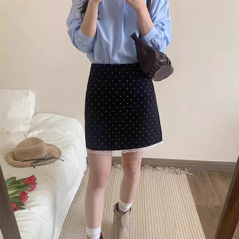 蕾丝花边白色波点半身裙胯大腿粗显瘦大码短裙春季高腰a字包臀裙