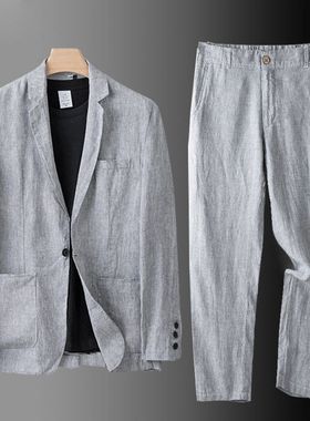 亚西装套装男夏西服男款宽松上衣外套棉西服夏天麻休闲