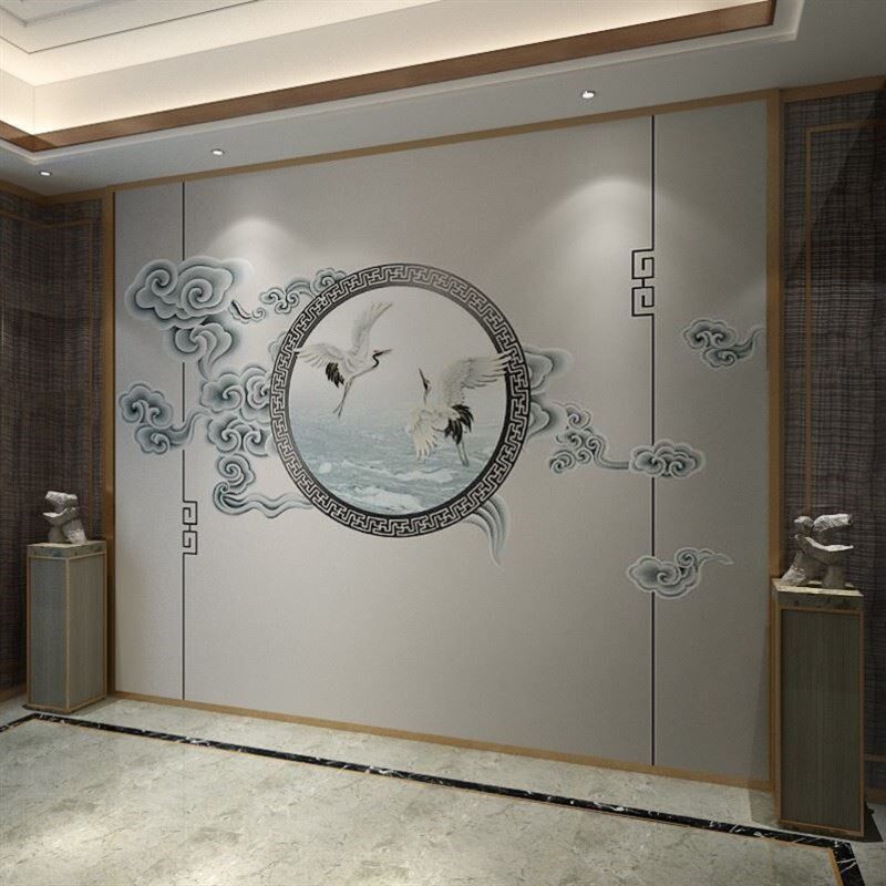 新中式电视墙纸酒店茶室祥云仙鹤定制壁画客厅卧室沙发背景墙壁纸