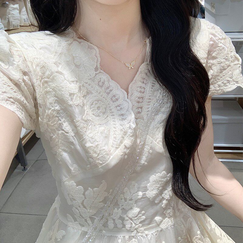 茶歇法式温柔风蕾丝泡泡袖连衣裙仙女夏季气质感高级感长裙小个子