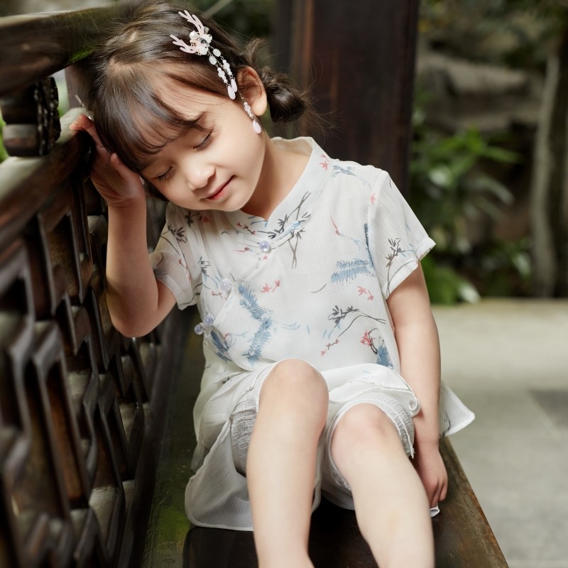 儿童汉服夏季女童轻薄短袖中国风套装宝宝唐装古风二件套古典童装