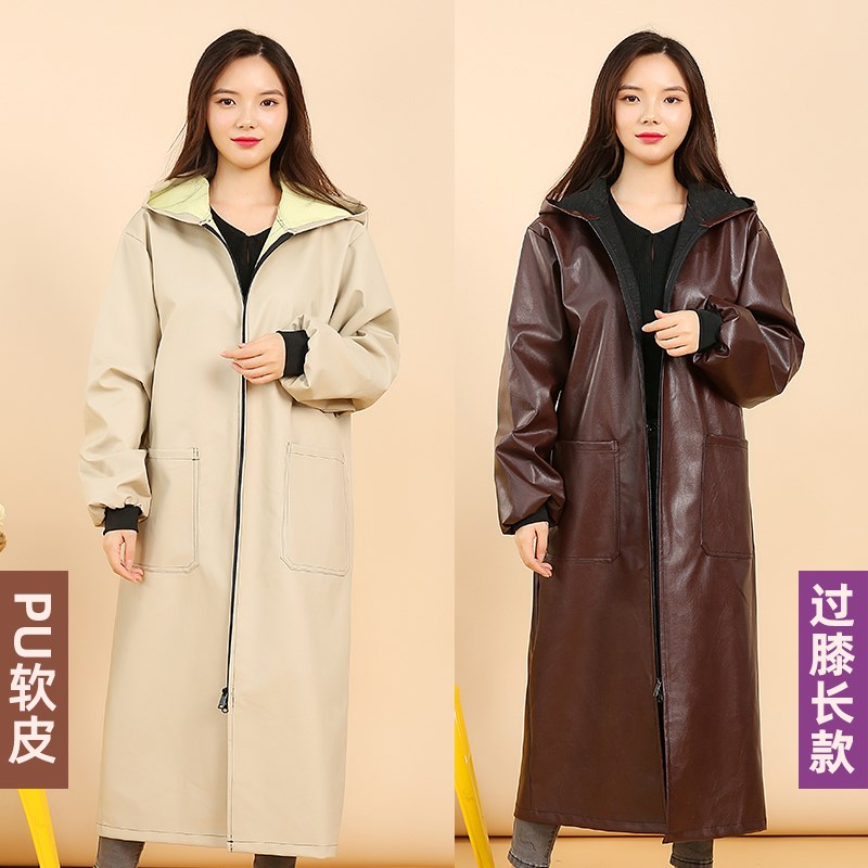 PU皮围裙防水防油软皮革v罩衣加绒加长款工作服家务厨房防污护衣