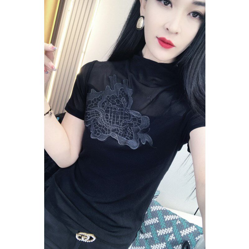 欧货夏装新款半高领小衫女纱网刺绣烫钻短袖t恤女上衣时尚打底衫