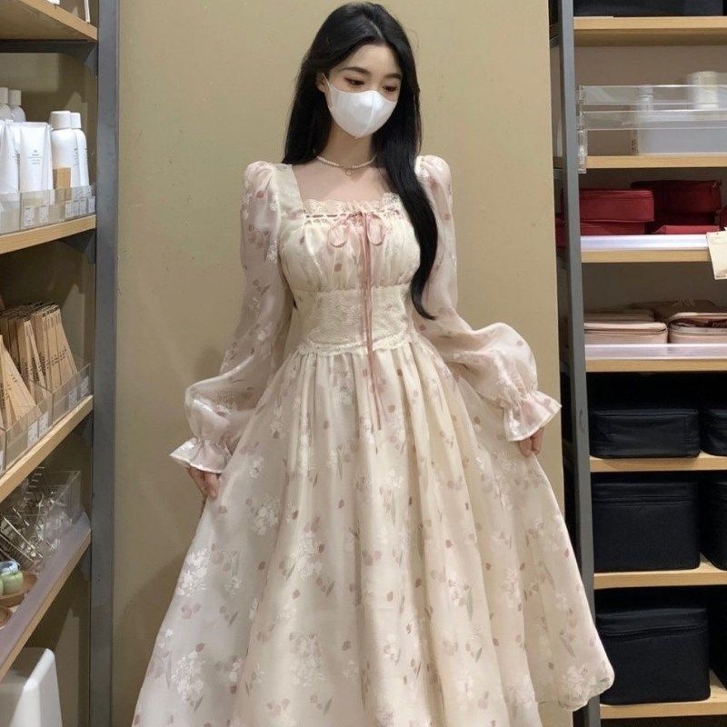 新款法式雪纺显瘦碎花公主长裙女春秋气质显瘦方领长袖过膝连衣裙,女装/女士精品,连衣裙,淘宝优惠券,粉丝福利购,淘宝优惠卷