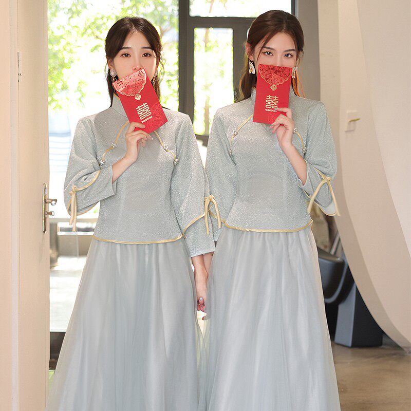 伴娘服姐妹团装中式结婚礼服灰色秋冬季长袖保暖女小个子大码胖mm