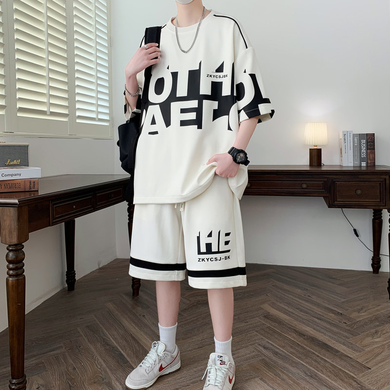 青少年夏季新款男士夏季宽松潮流帅气韩版男生印花运动休闲套装