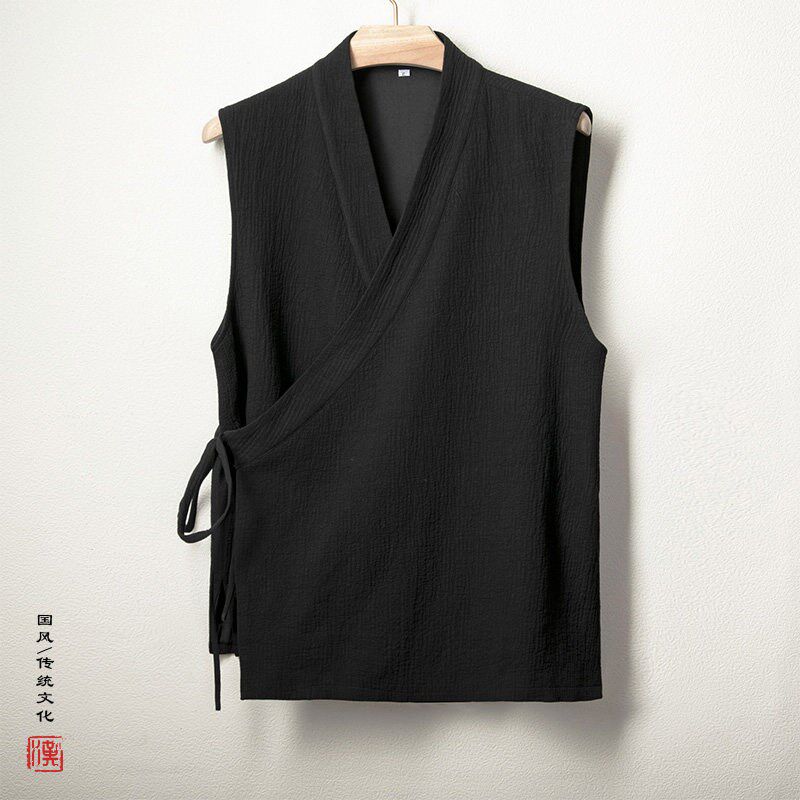 高级感棉料改良汉服无袖斜襟马甲外套男秋季新款复古马夹背心坎肩