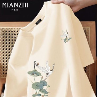 棉致国潮鹤米色纯棉短袖男款t恤宽松大码青少年2025夏季潮牌体恤