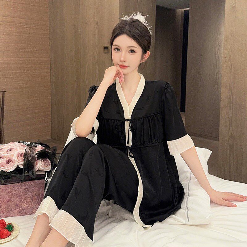 新中式黑色睡衣女夏季三件套高级感2024新M款冰丝短袖家居服可外